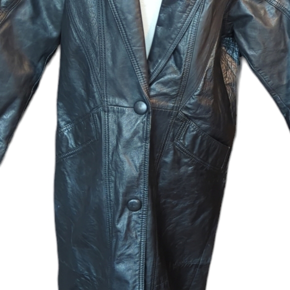 Vtg 80s Michelle Stuart black leather sleek witchy matrix maxi trenchcoat. Sz S - Picture 3 of 12